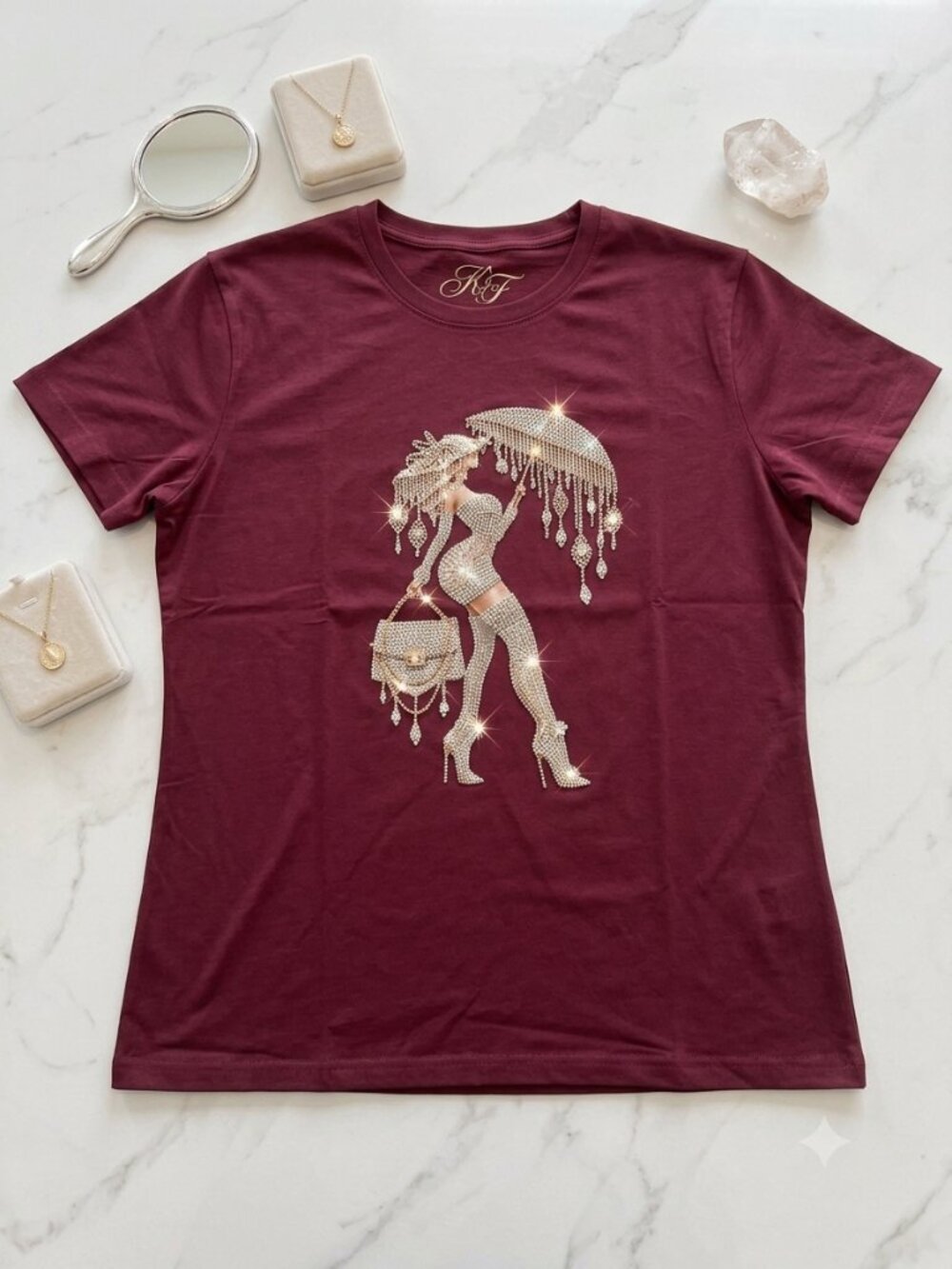 Crystal Glamour Graphic Tee – Rich Burgundy